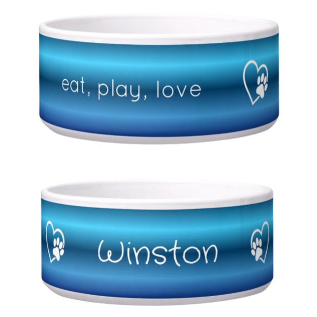 Blue Gradient Eat Play Love Custom Dog Name Bowl (Creator Uploaded)