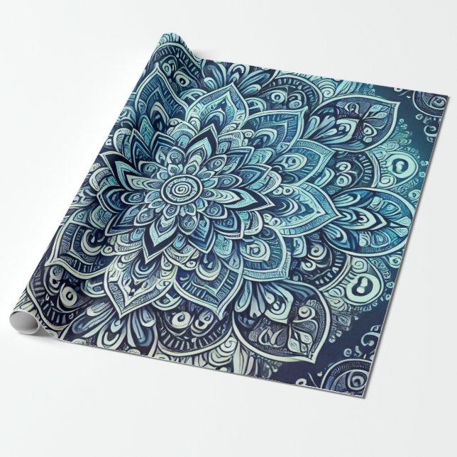 Blue Gradient Mandala Design Wrapping Paper (Unrolled)