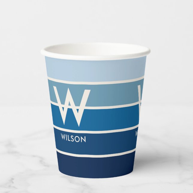 Blue Gradient Striped Monogram Personal Party Paper Cups (Front)