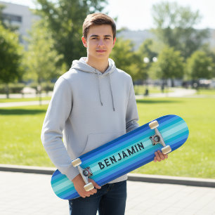 Blue Gradient Striped Skateboard with Name