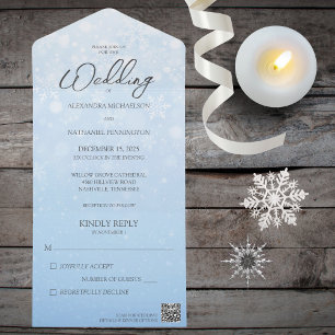 Blue Gradient with White Snowflakes and QR Code  All In One Invitation