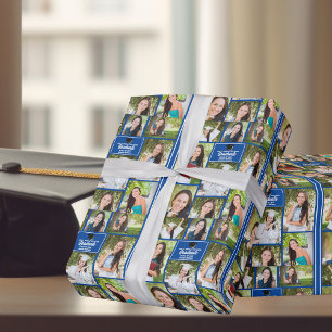 Blue Graduate 9 Photo Collage Modern Graduation Wrapping Paper