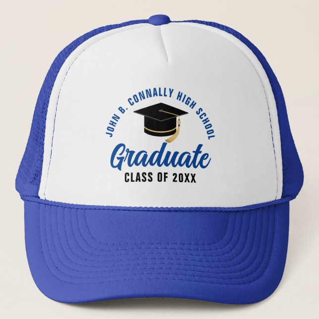 Blue Graduate Customisable Graduation Trucker Hat (Front)