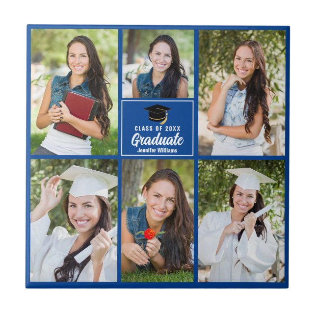 Blue Graduate Photo Collage Custom Graduation Tile (Front)