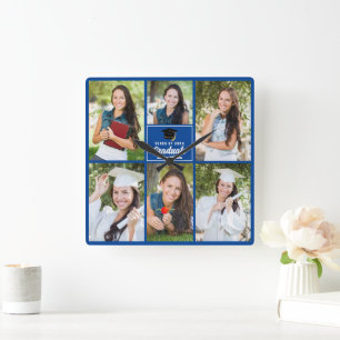 Blue Graduate Photo Collage Customised Graduation Square Wall Clock