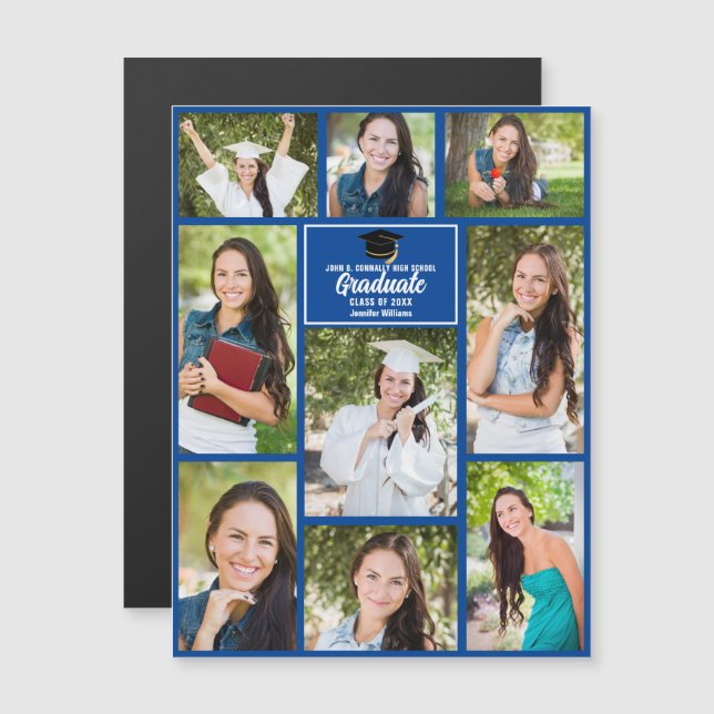 Blue Graduate Photo Collage Graduation Magnet Card (Front/Back)