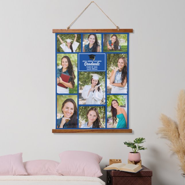 Blue Graduate Photo Collage Modern 2026 Graduation Hanging Tapestry (Bedroom)