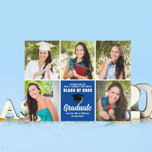 Blue Graduate Photo Collage Modern Graduation Postcard