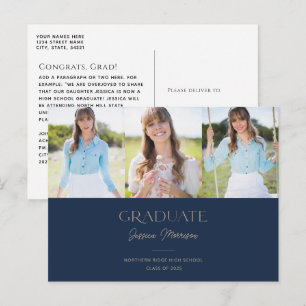 Blue Graduate Statement Name 3-Photo Graduation Postcard