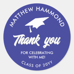 Blue Graduating Class Thank You Grad Cap Classic Round Sticker