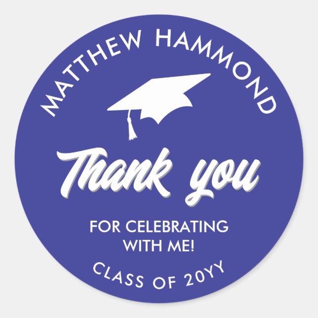 Blue Graduating Class Thank You Grad Cap Classic Round Sticker (Front)