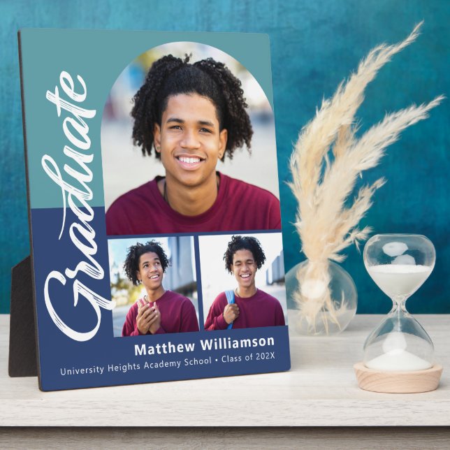 Blue Graduation 3 Photo Bold Arch Script Modern Plaque (Side)