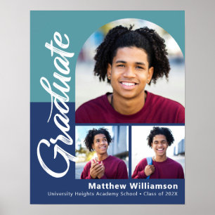Blue Graduation 3 Photo Bold Arch Script Modern Poster
