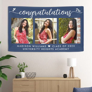 Blue Graduation 3 Photo Modern Calligraphy Hearts Banner