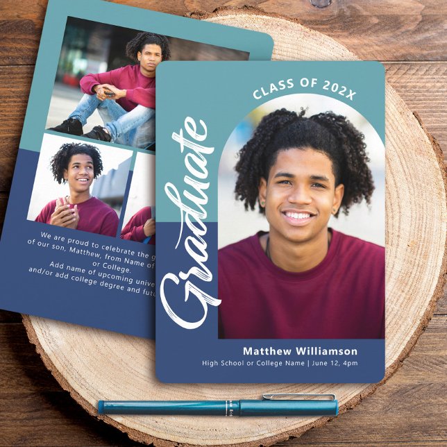 Blue Graduation 4 Photo Bold Arch Script Modern Announcement (Creator Uploaded)