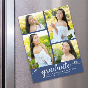 Blue Graduation 4 Photo Script Hearts Modern Girly Magnetic Invitation