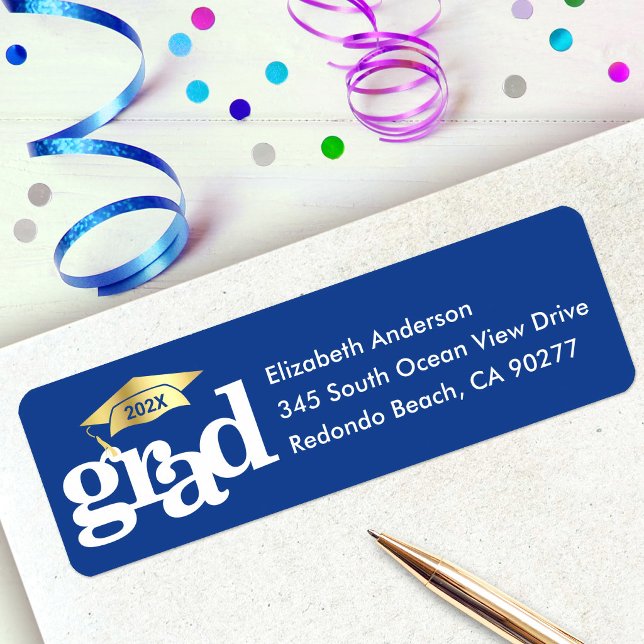Blue Graduation Bold Modern Type Gold Cap Address (Creator Uploaded)