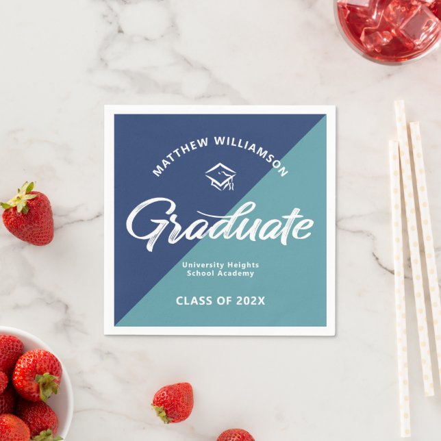 Blue Graduation Bold Retro Script Cap Icon Minimal Napkin (Insitu)