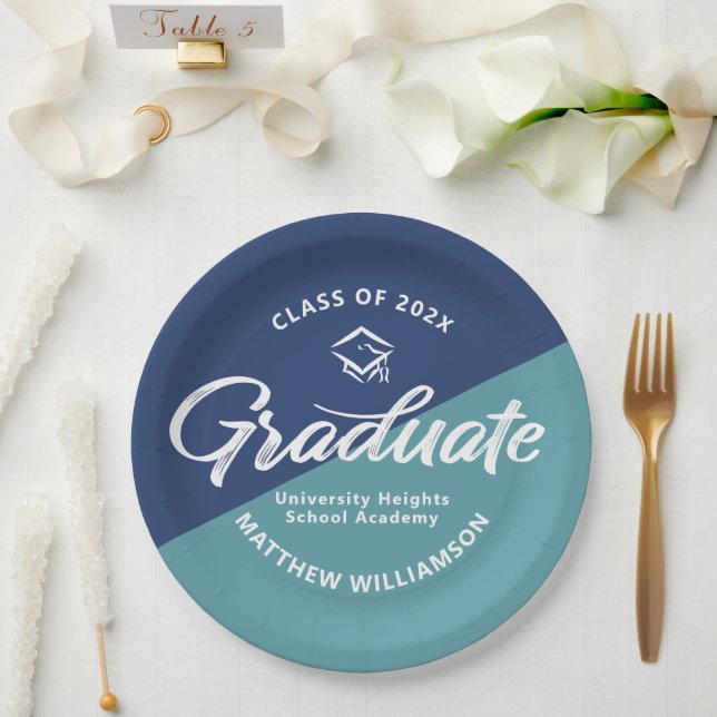 Blue Graduation Bold Retro Script Cap Icon Minimal Paper Plate (Wedding)