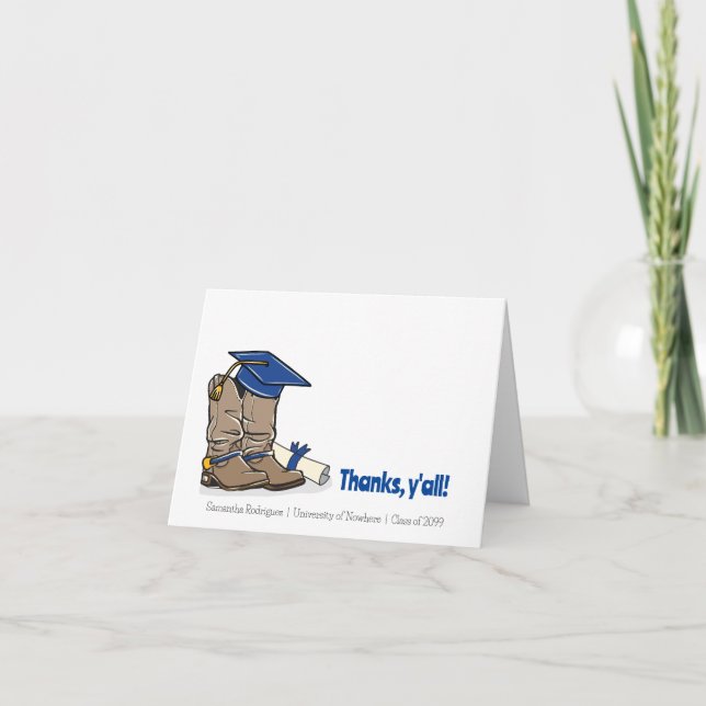 Blue Graduation Cap and Cowboy Boot Thank You Card (Front)