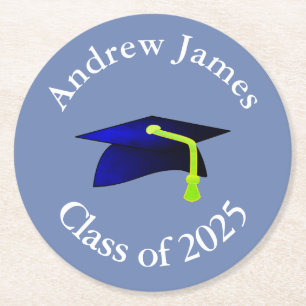 blue graduation cap - class of 2024 -your name round paper coaster