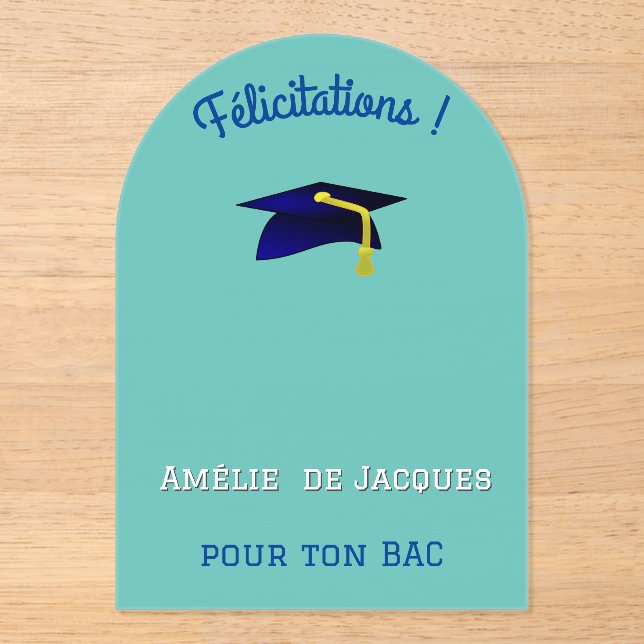 Blue graduation cap - Congrats in French Acrylic Invitations (Front)