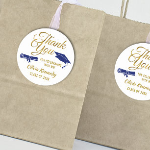 Blue Graduation Cap Gold Thank You Script Favor Classic Round Sticker