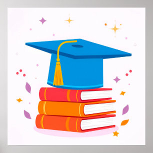 Blue Graduation Cap With Books Poster