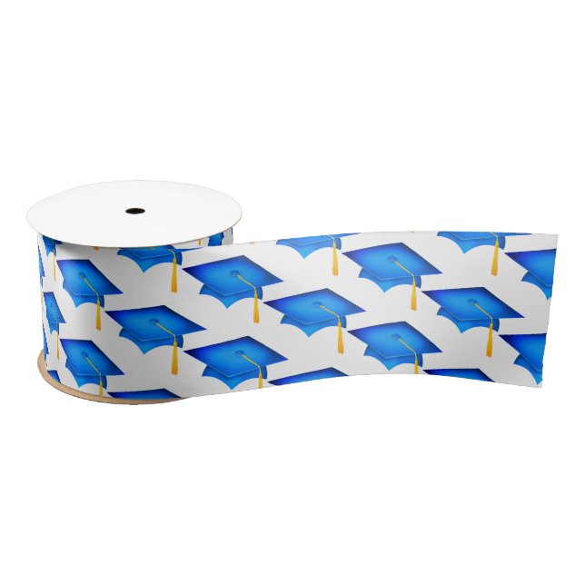 Blue Graduation Caps On White Satin Ribbon (Spool)