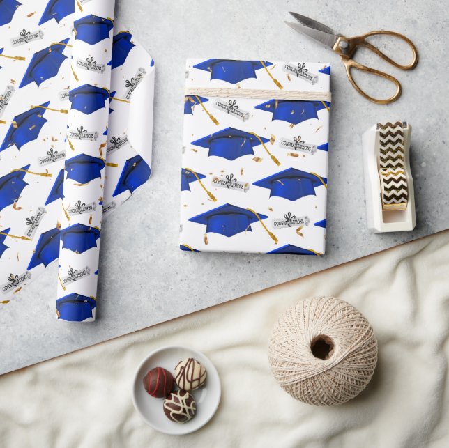 Blue Graduation Caps with Diplomas Wrapping Paper (Crafts)
