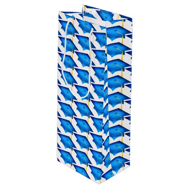 blue graduation caps with gold tassel wine gift bag (Front Angled)