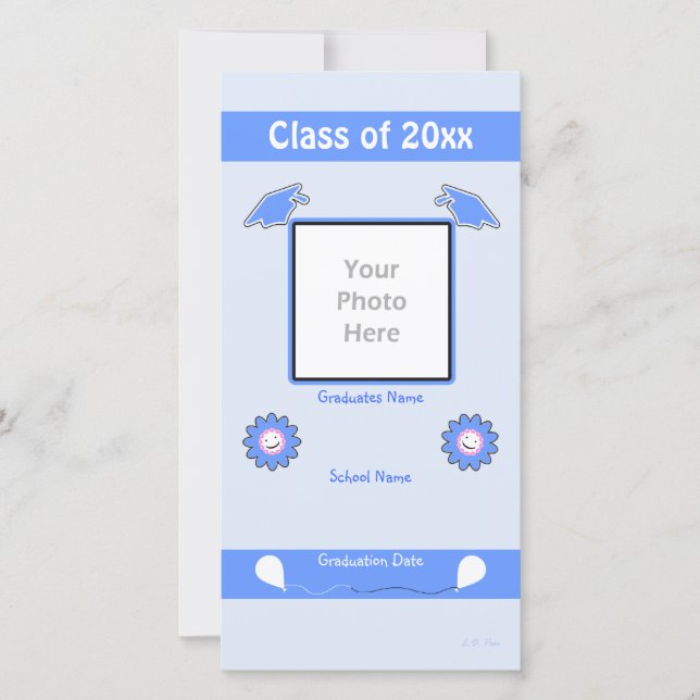 Blue Graduation Flowers and Caps Announcement (Front)