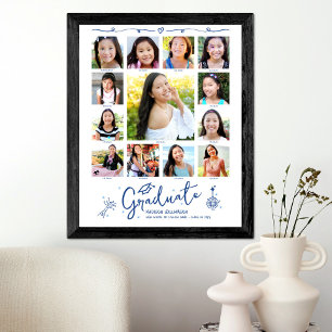 Blue Graduation K–12 Photo Collage Doodles White Poster