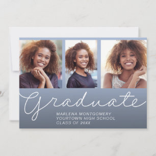 Blue Graduation Party 3 Photo Elegant Script Invitation