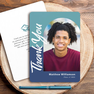  Blue Graduation Photo Bold Arch Script Modern Thank You Card