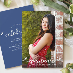 Blue Graduation Photo Calligraphy Hearts Modern Announcement