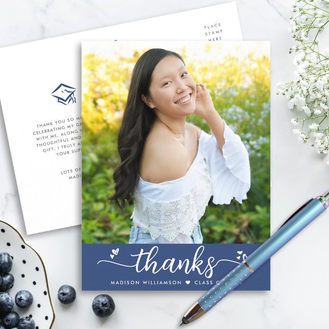 Blue Graduation Photo Chic Script Hearts Thank You Postcard (Creator Uploaded)