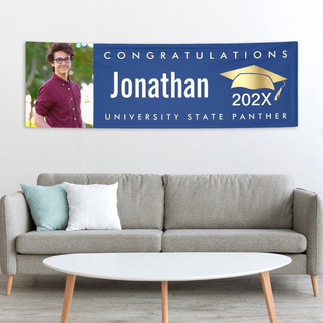 Blue graduation photo gold cap modern bold simple banner (Creator Uploaded)
