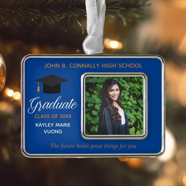 Blue Graduation Photo Inspirational Quote Custom Silver Plated Framed Ornament (Creator Uploaded)