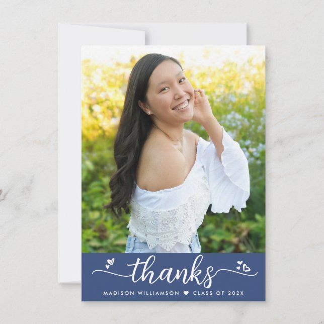 Blue Graduation Photo Modern Elegant Script Hearts Thank You Card (Front)