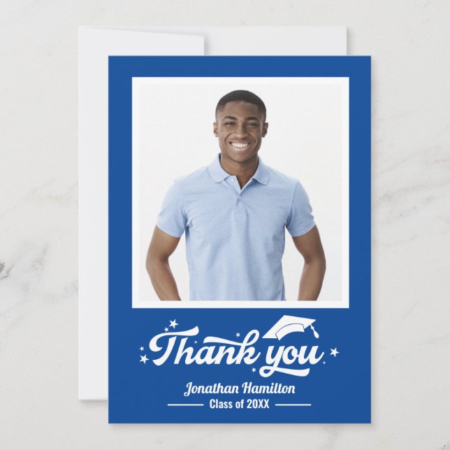 Blue Graduation Photo Thank You Card (Front)