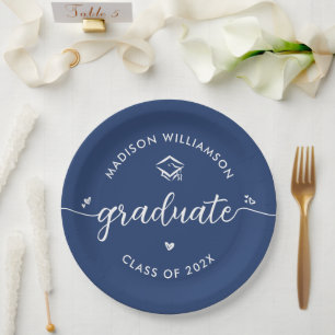 Blue Graduation Script Hearts Cap Icon Fun Modern Paper Plate