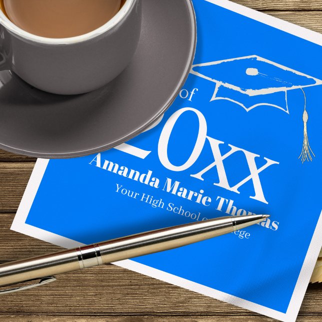 Blue Graduation Script Name Class Year Design  Napkin (Blue Class of 20XX graduation napkin styled with coffee cup and pen on wood table.)