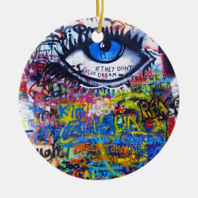 Blue graffiti evil eye ceramic tree decoration (Front)