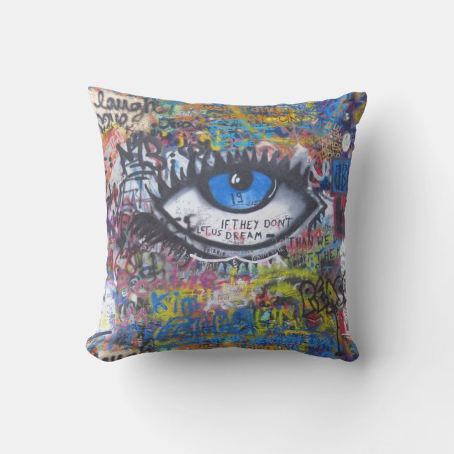 Blue graffiti evil eye cushion (Front)