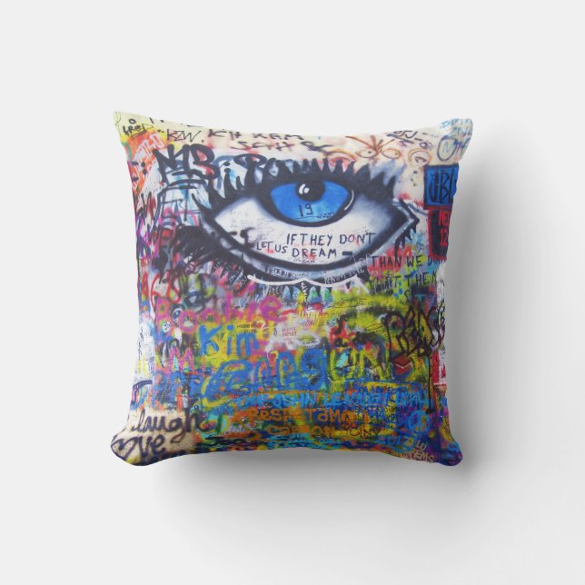 Blue graffiti evil eye cushion (Front)