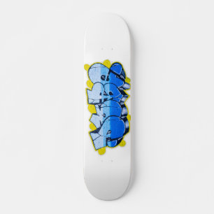 Blue graffiti on a brick wall skateboard