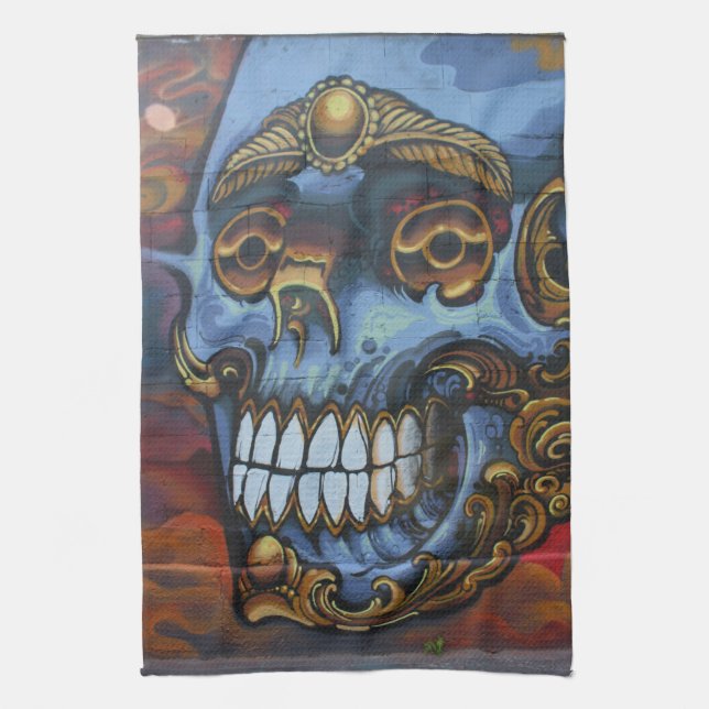 Blue Graffiti Skull Tea Towel (Vertical)
