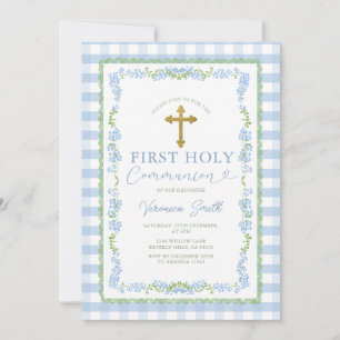 Blue Grandmillenial Floral First Holy Communion Invitation