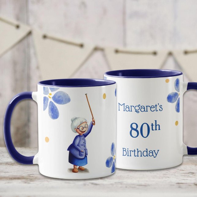 Blue Grandmother Watercolor Floral 80th Birthday  Mug (Creator Uploaded)